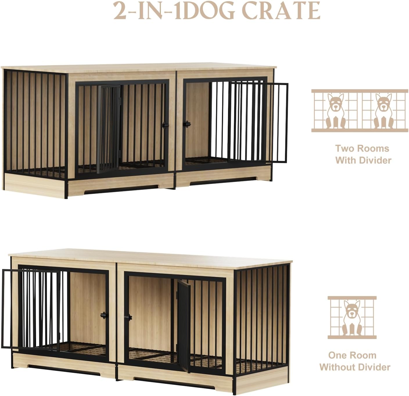 Furniture Dog Crate for Large Dogs, 75" Double Door Heavy Duty Dog Kennel with Removable Divider, XXL Wooden Dog Crate TV Stand, End Table, Pet Crate Cabinet for Home Decor