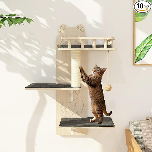 Cat Wall Shelves, 3 Platform Kitten Wall Furniture, DIY for Painting Cats Scratching Post with Sisal Scratching Post and Ball Toy