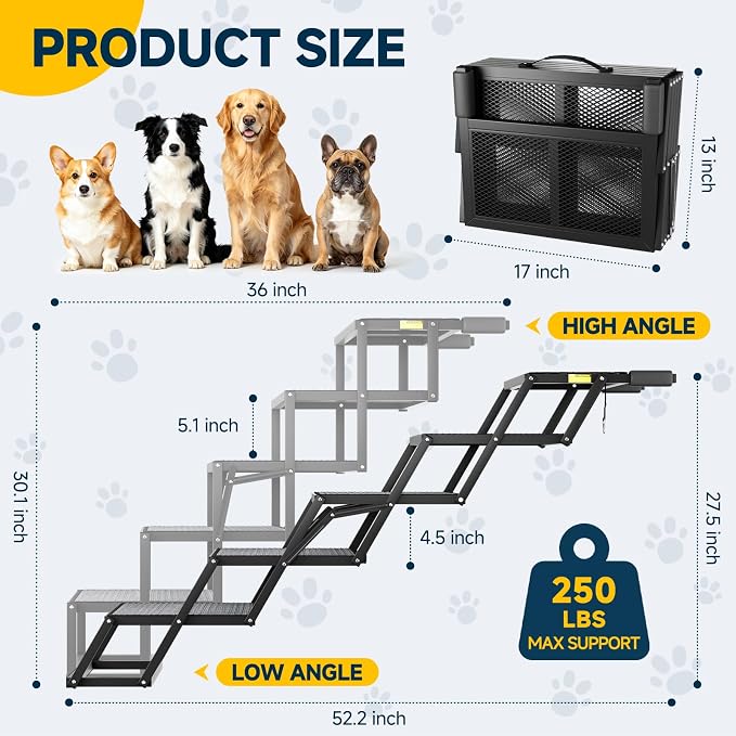Dog Ramp for Car, Foldable Dog Steps for Car with Non-Slip Surface, Dogs Stairs for Cars, High Beds, Truck, Supports up to 250lbs, 5 Steps