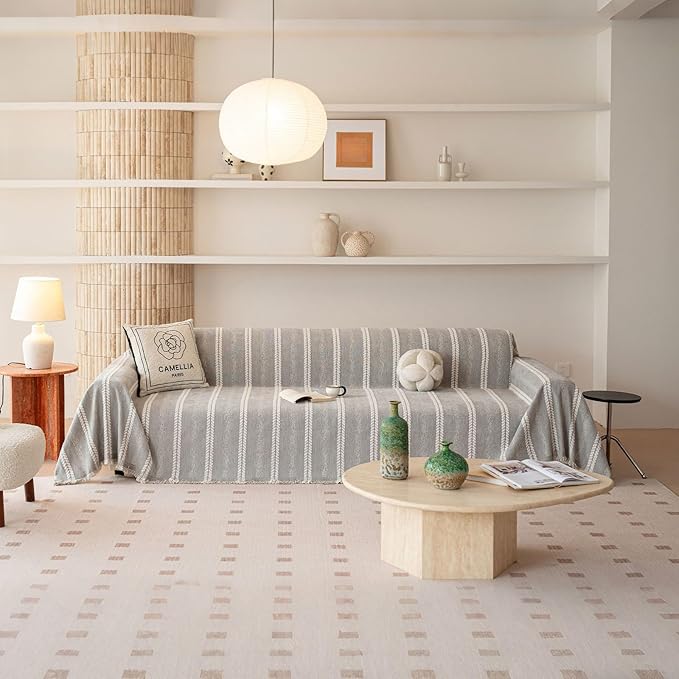 VClife Chenille Sofa Cover Bohemian Striped Pattern Couch Cover for 3 Cushion Sofa - Gray Creamy White Textured Sofa Slipcover Washable Furniture Protector for Couch Decorative Couch Cushion Cover