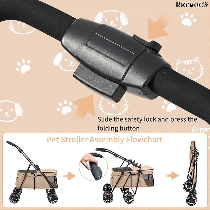 Foldable Double Pets Stroller for Dog Portable Cat Strollers for Small Medium Pet with One Detachable Carrier Flexible Lockable Wheels Lightweight Dogs Jogger (Khaki)