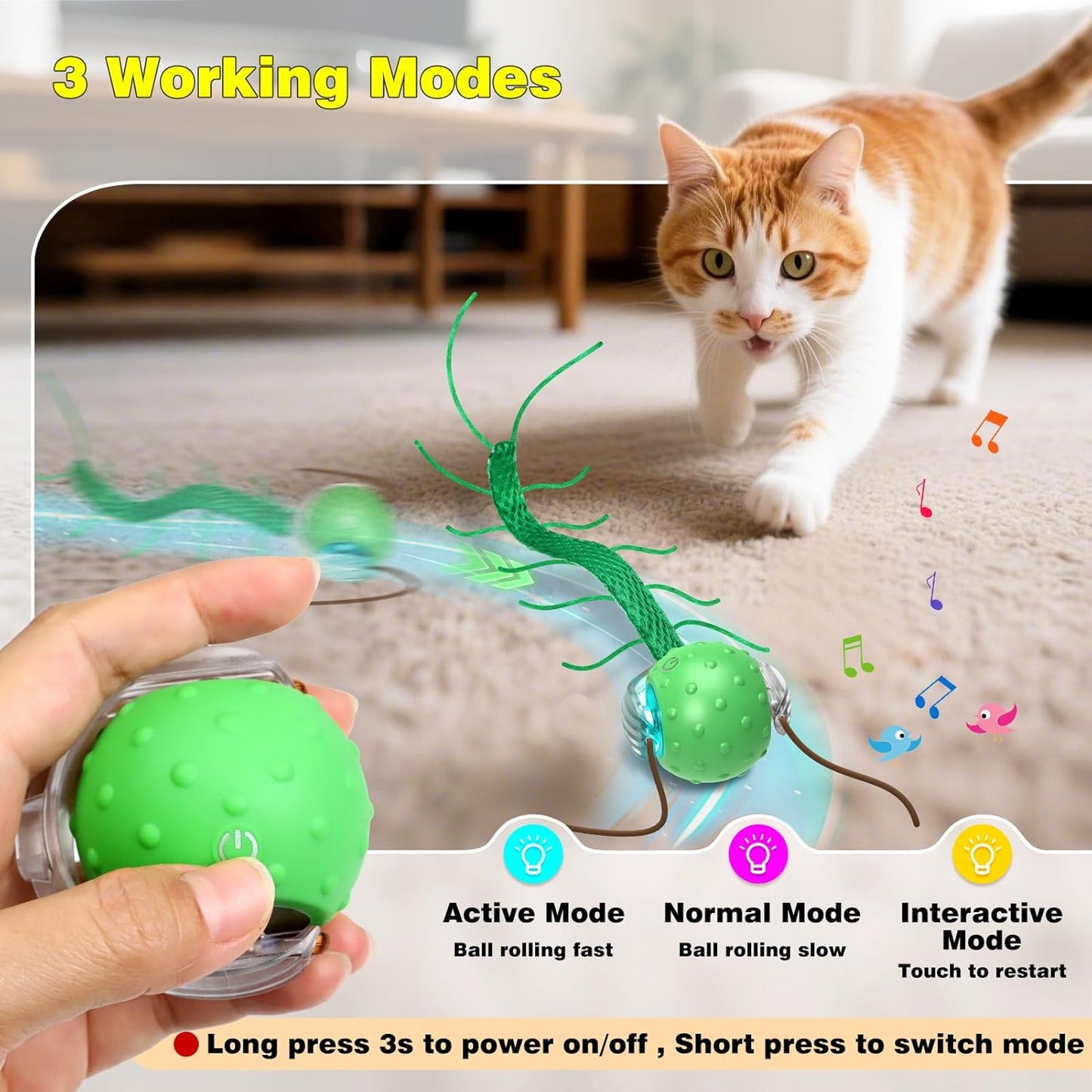 Interactive Cat Toys for Indoor Cats, Moving Cat Ball with Tail, Fast Rolling on Carpet, Chirping & Motion Activate Toy for Bored Indoor Adult Cats