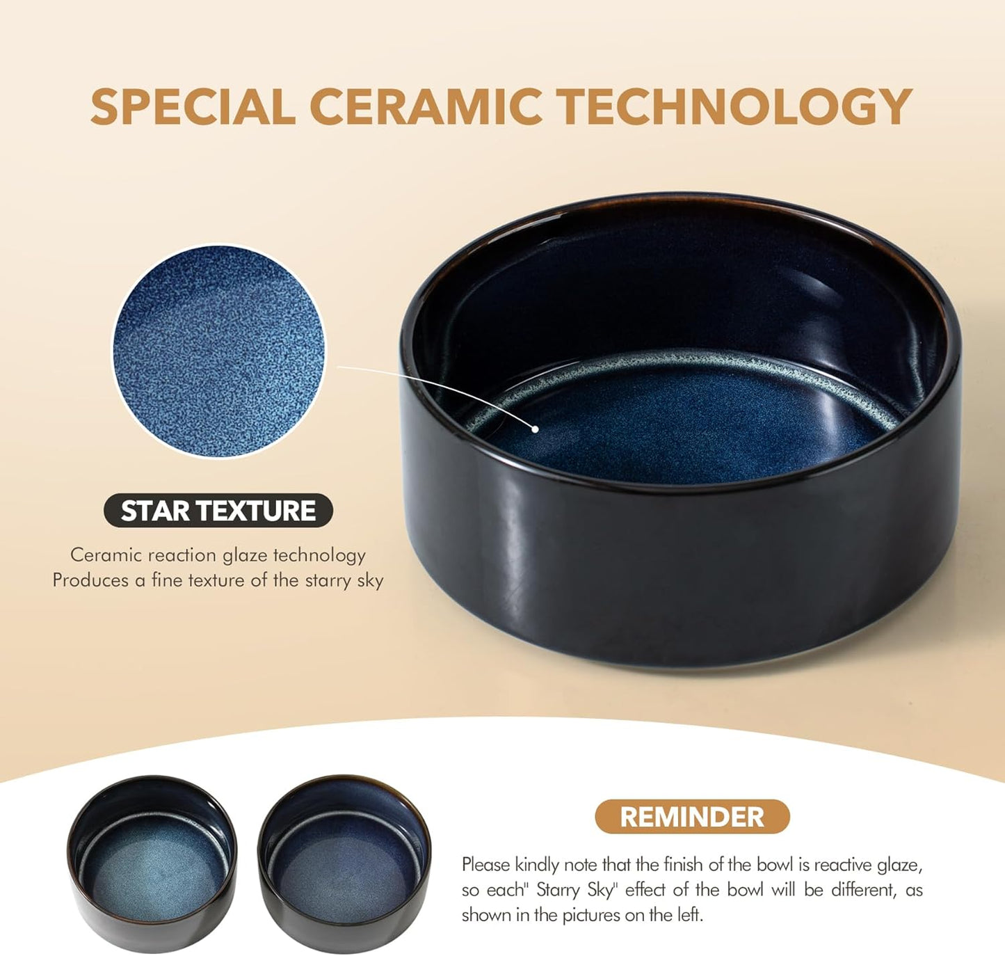 Ceramic 8.2inch Dog Bowl for Large Breed Dogs, Anti-Slip and Weighted Pet Food and Water Dishes (Single Bowl, Starry Sky)