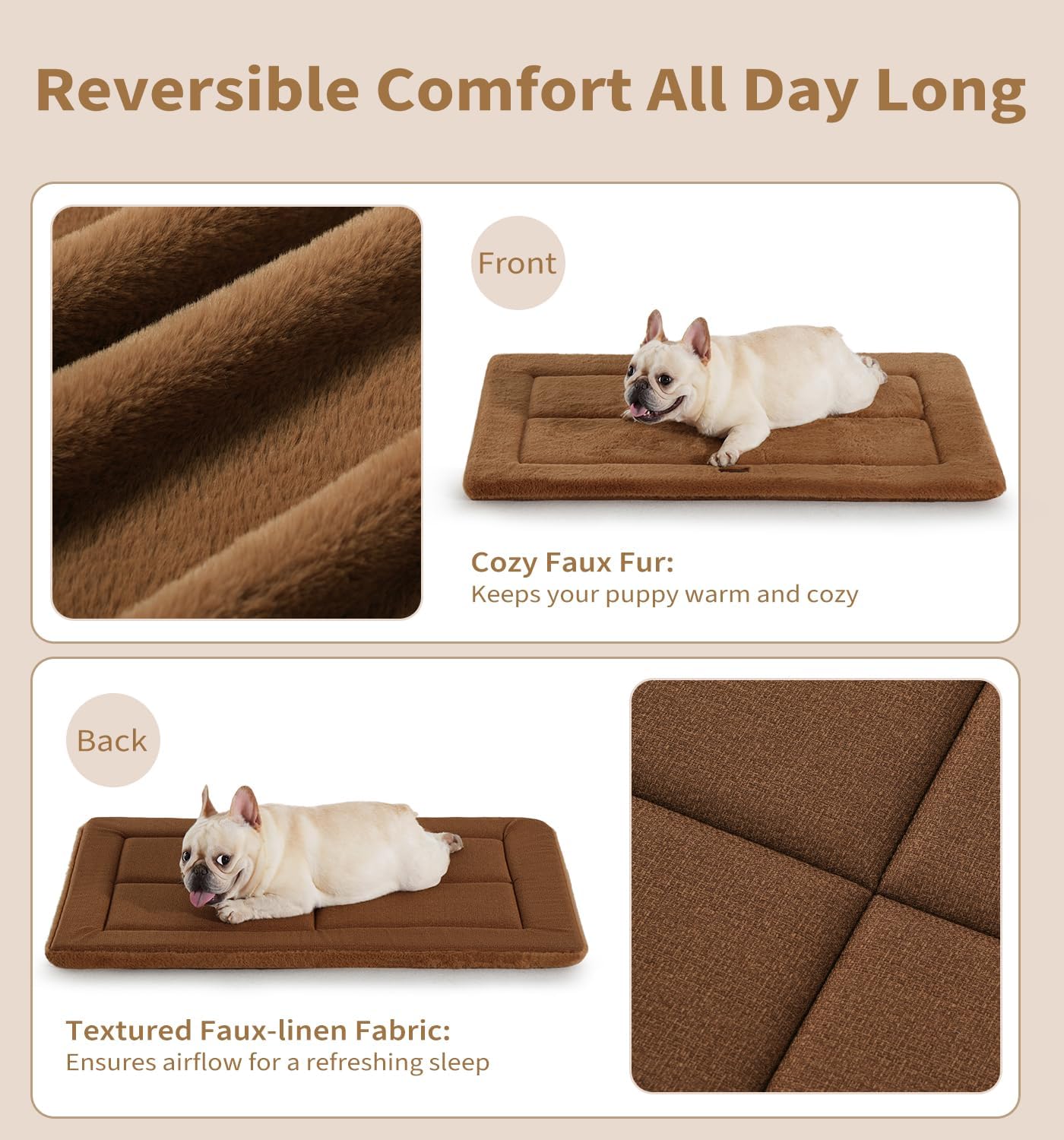 Made4Pets Dog Crate Pad Bed for Large Dogs, Washable & Reversible, Anti-Slip Kennel Mat for Cozy Sleeping, Soft Fluffy Dog Bed for Indoor & Outdoor Use, 44"x32", Brown