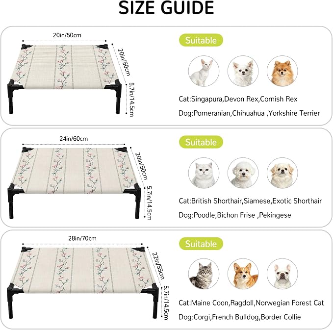 Outdoor Elevated Dog Bed for Small Dogs, Beige Flower Branch Breathable Cooling Raised Dog Cot for Indoor/Outdoor, Spring Summer Farmhouse Botanical Waterproof Elevated Pet Beds, S 20 x 20 in