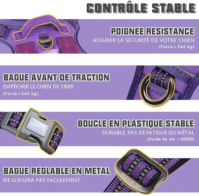 AUROTH Tactical Dog Harness for Large Dogs No Pull Adjustable Pet Harness Reflective K9 Working Training Easy Control Pet Vest Military Service Dog Harnesses Purple S