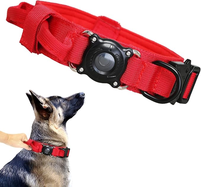 AirTag Dog Collar for Large Dogs Tactical Dog Collar with AirTag Holder | Upgrade Waterproof,Control Handle,Quick-Release Metal Buckle,1000D Nylon Fabric,Soft-Padded Webbing,Velcro Patch(RED,XL)