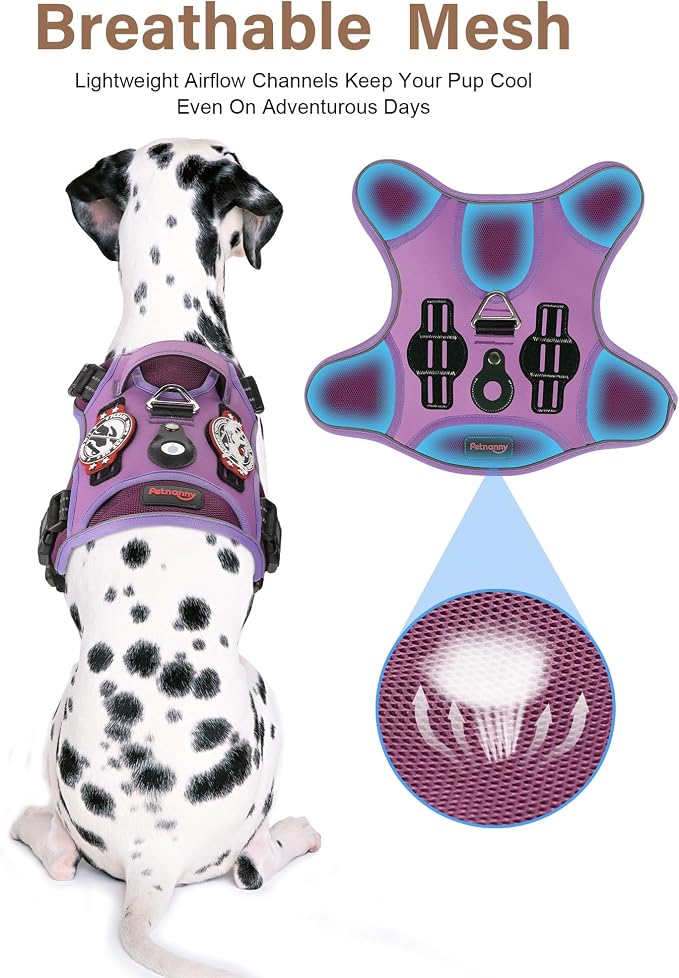 Petnanny Tactical Dog Harness No Pull Service Dog Vest L Purple | Tactical Dog Vest with breathable mesh & hook loop panel, no pull harness for walking training, adjustable fit