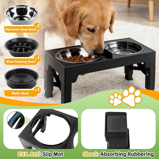 4-in-1 Elevated Dog Bowl Stand with Slow Feeder, 5 Adjustable Heights | Spill-Proof Water Dish, 2 Stainless Steel Bowls, Anti-Mix Divider, Foldable Non-Slip EVA Base, For Small to Large Dogs