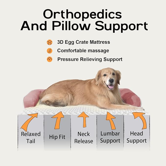 Orthopedic Waterproof Dog Bed with Bolster for Extra Large Size Dogs | Pillow Support for Neck Relief, Egg Crate Foam, Waterproof Liner, Anti-Slip Bottom, Removable Bolster Cover, 48 x 33 Inch