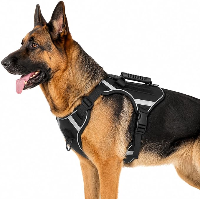 No Pull Tactical Dog Harness with Handles and Loop Panel,Tactical Dog Vest with Molle System, Adjustable Reflective Pet Vest for Walking Hiking Training Black M