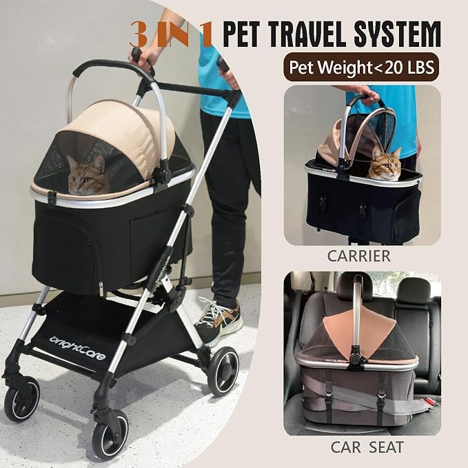 Small Pet Stroller for Dogs & Cats Under 20 lb with Detachable Carrier, Converts to Car Seat, Ultra-Lightweight only 11lb, One Hand Fold