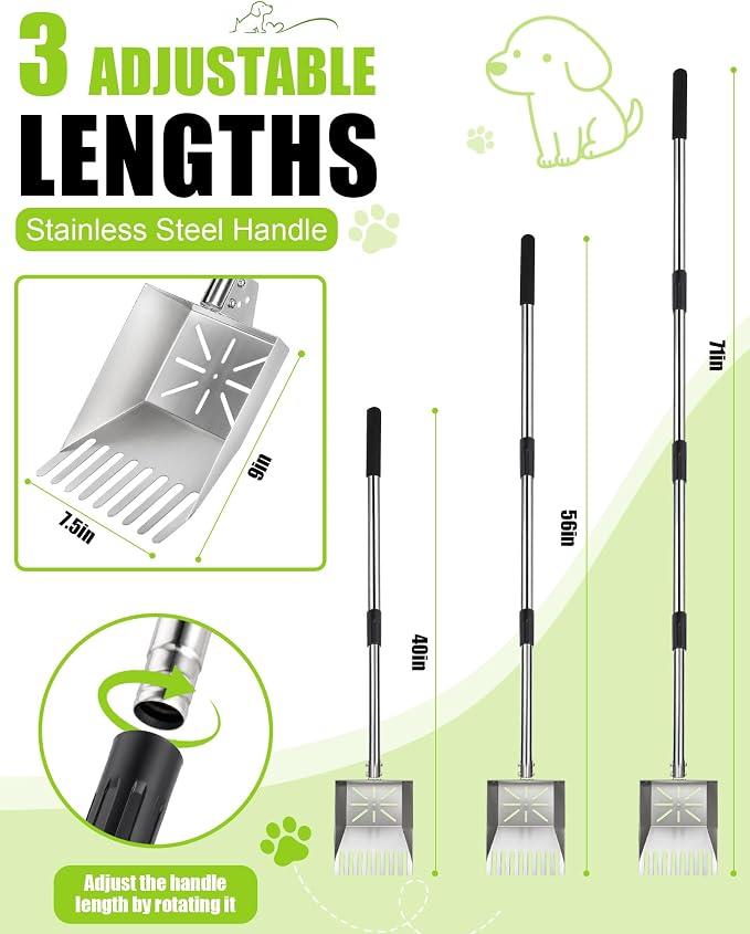 71" Stainless Steel Pooper Scooper, 3-Adjustable Angle Dog Shovel & Rake | Heavy Duty Metal Poop Scoop for Large Dogs with Adjustable Long Handle Outdoor Yard Pet Waste Removal Shovel