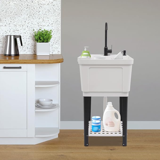 Tall Freestanding Plastic Utility Sink with Hose Hook Up White | 360° Rotating Hot and Cold Faucet, Built-in Soap Box and Soap Dispenser, Bottom Storage Rack, Four Iron Support Feet