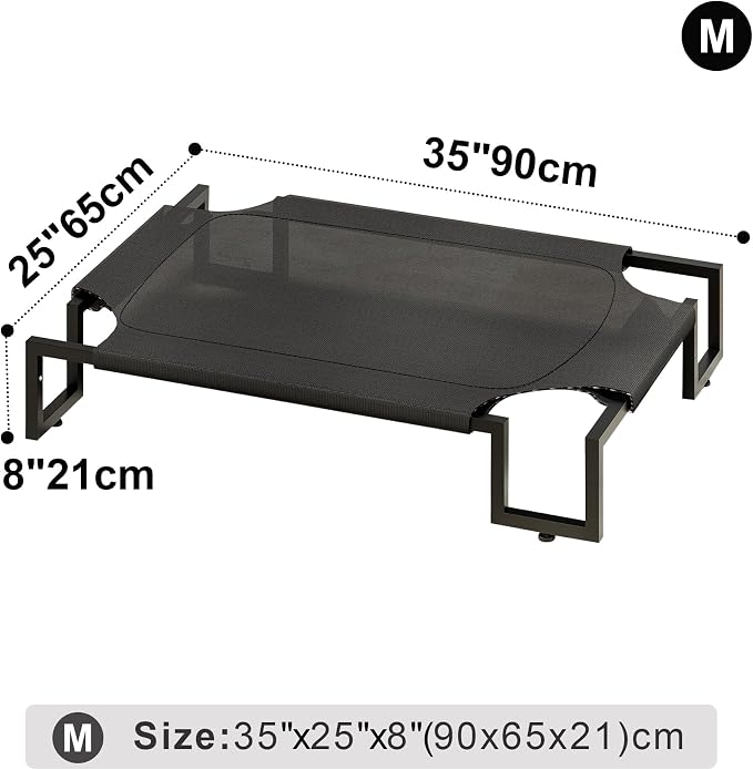 Elevated Dog Bed for Medium Sized Dogs,Raised Outdoor Dog Cot | Waterproof Cooling Pet Bed with Washable Cover,Breathable Teslin Mesh,Indoor & Outdoor,Durable,No-Slip Feet,Black 90×65×21cm