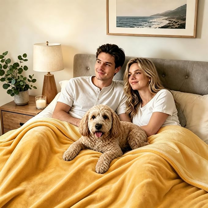 LOOBANI Waterproof Blanket for Bed, Flannel Twin Size 60"x80", Yellow | Double-Side Leak-Proof, Reversible, Stain-Proof Cover for Sofa Bed Protection, Ideal for Rest Movie Time, Camping, Travel