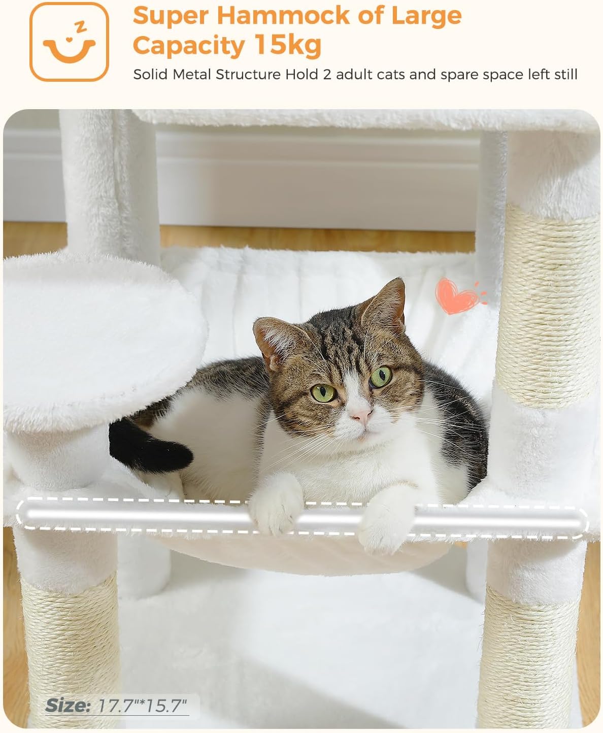 White Cat Tree for Indoor Cats, 45.7" Multi-Level Cat Tower with Large Metal Frame Hammock, Cat Condo with 4 Scratching Posts and Top Perch, White