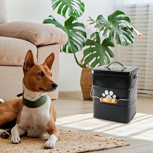 Metal Dog Poop Trash Can Outside,1.5Gal/6L Dog Waste Trash Can with Lid/Filter/Handle,Pet Waste Container Bucket with 75 Trash Bags-Black