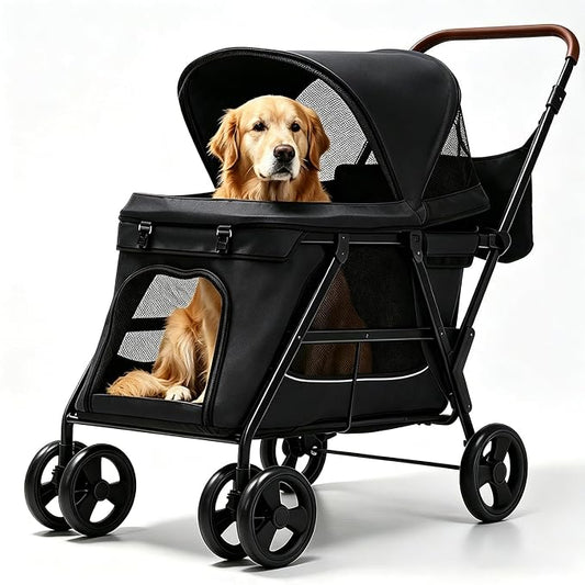 Dog Stroller for Large & Medium Dogs, Foldable Pet Stroller for 2 Small Dogs Up to 66lbs, with All-Terrain Wheels, Breathable Mesh Ventilation & Storage Pocket (Black)