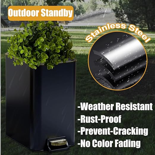 Small Metal Trash Can with Lid - Dog Poop Trash Can Outside with Pedal | 10 Liters Pet Waste Container Outdoor - Plant-Styled Poop Bucket - 2.6 Gal Stainless Steel Garbage Bin - Black and Gold