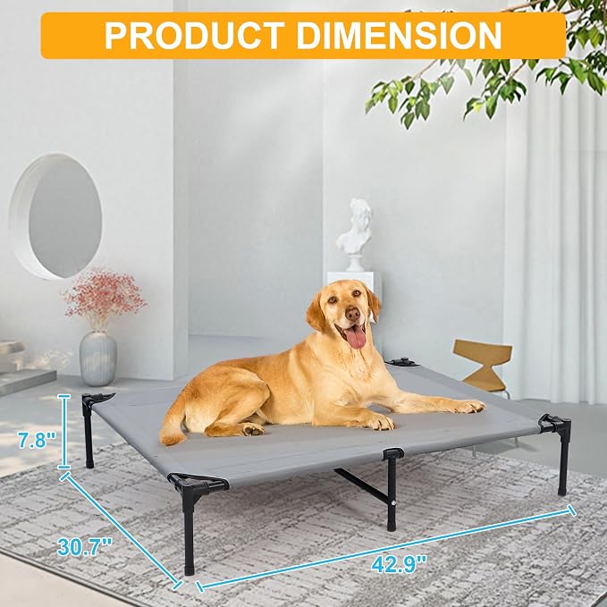 42'' Outdoor Elevated Dog Bed with Six Support Feet, Chew-Proof Raised Dogs Bed, Washable & Breathable Cooling Dog Cot Beds Medium Large Size Dogs, Outdoor Pet Hammock Beds, Outside Pet Beds(Large)