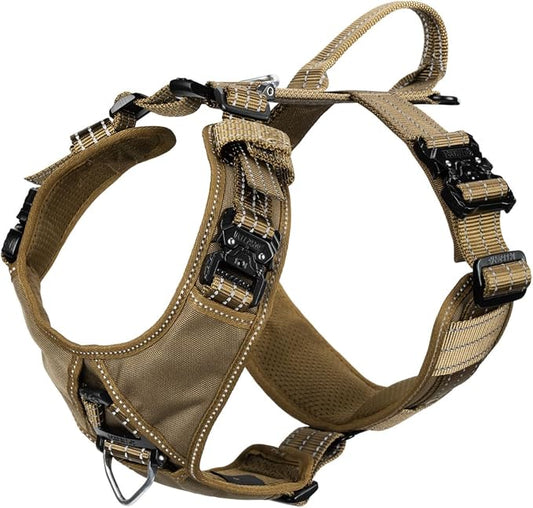 ICEFANG Dog Halter Harness with Metal Buckles,Dog Strap Vest X-Large Dogs | Control Handle,Summer-Cooling,Reflective,Front Hook,Adjustable,Soft Padded,No Pull,Brown,XLarge