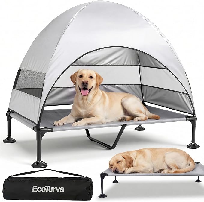Elevated Dog Bed with Canopy - 3-Sided UV Protection Pet Tent with Wider Shade, Raised Cooling Outdoor Dog Cot with Breathable Mesh for Medium Large Dogs, Portable Bed for Camping, Patio (Grey, XL)