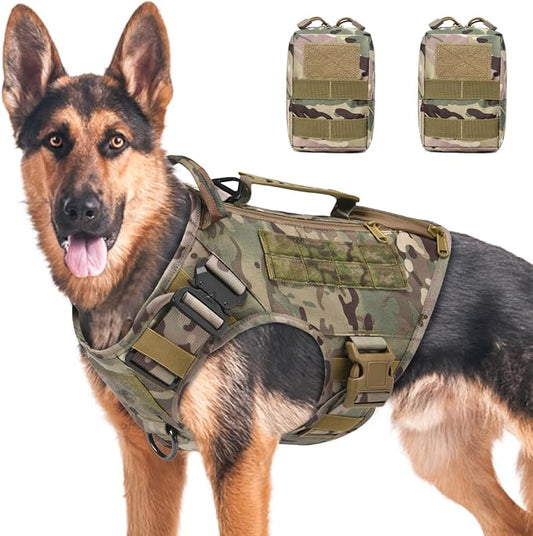Tactical Dog Harness for Medium and Large Dogs No Pull Adjustable Dog Vest for Training Walking Military Dog Harness with Handle Service Dog Vest with Molle Panels Camouflage,L,with 2 Pouches