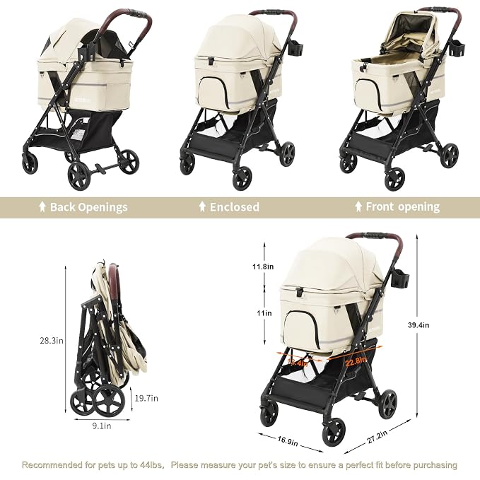 No-Zip Pet Stroller for Small Dogs & Cats, 44 lb, White | No-Zip Canopy, 44 lb Capacity, Reflective Trim, 2 Tethers, Lockable Front Wheels, Rear Brake and One-Hand Fold