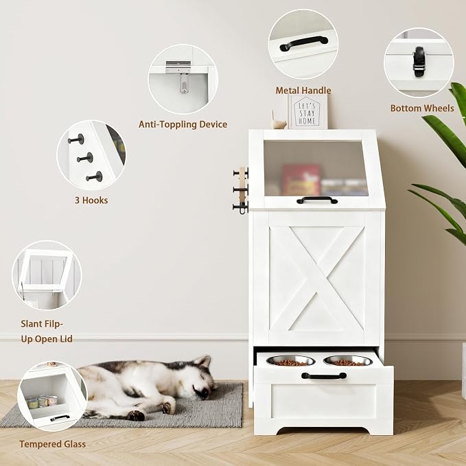 Dog Feeding Station with 2 Elevated Bowls, Dog Food Storage Cabinet with Pet Toy Organizer and Flip Top Pet Feeding Station,Hidden Pet Feeder Station for Cats and Dogs(Dog Feeding Station-White)