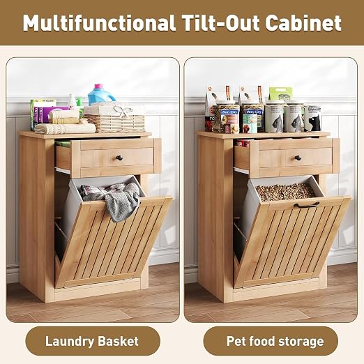 10 Gallon Tilt Out Trash Can Cabinet with Drawer, Hidden Trash Can, Wood | Cabinet with Drawers for Kitchen, Bathroom and Laundry Room