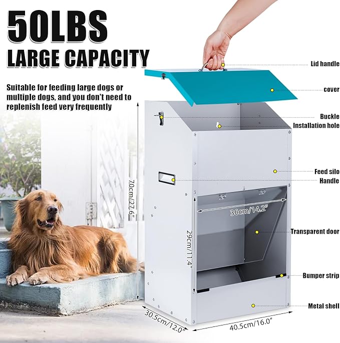 50 Lbs Automatic Dog Feeder for Large Dogs, Dog Food Dispenser | Galvanized Gravity Pet Feeder with Clear Gravity Door, for Large Breeds & Multiple Dogs, Indoor & Outdoor Use, Wall Mountable
