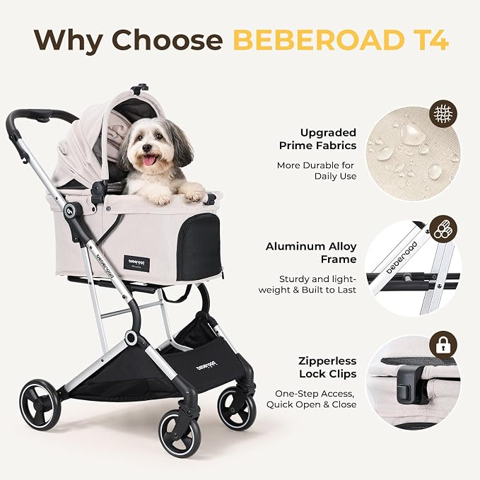Beberoad Pet Stroller for Small Dogs and Medium Pets 4 Wheel | Aluminum Alloy Frame, All-Terrain Wheels, One Hand Fold Stroller, Lightweight Roomy Cabin