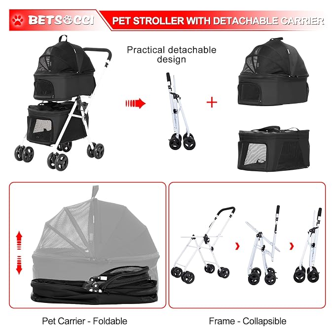 Double Dog Stroller with 2 Detachable Carrier, Portable Pet Stroller for Small Dogs & Cats Folding Lightweight Puppy Travel Carriage, 4 Wheels, Black