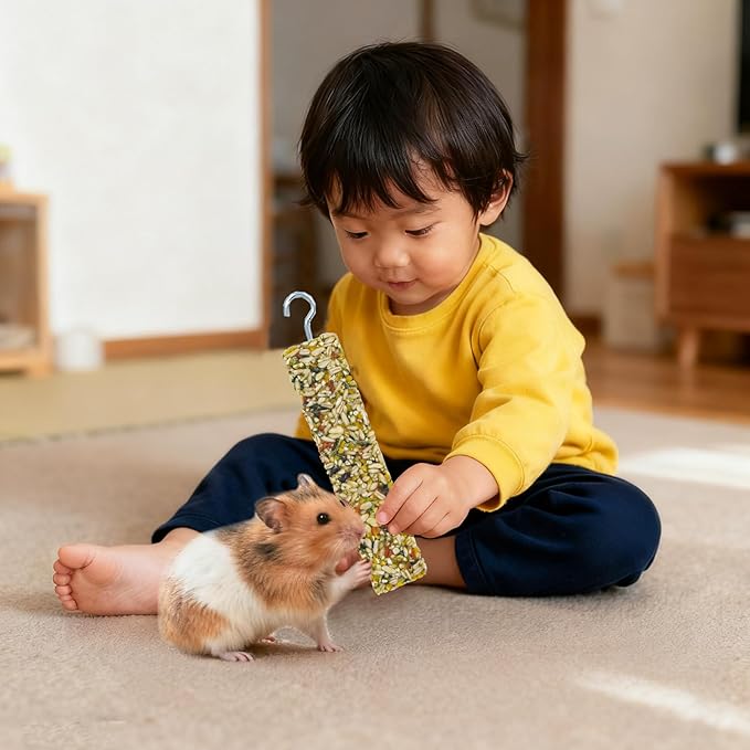 3 Pack Rabbit Chew Toys for Teeth, Cereal Stick with Metal Hook, Natural Chew Toys for Teeth, Chewing Stuff for Bunny, Hamster, Guinea Pig, Chinchilla, Rabbit, and Other Small Animals