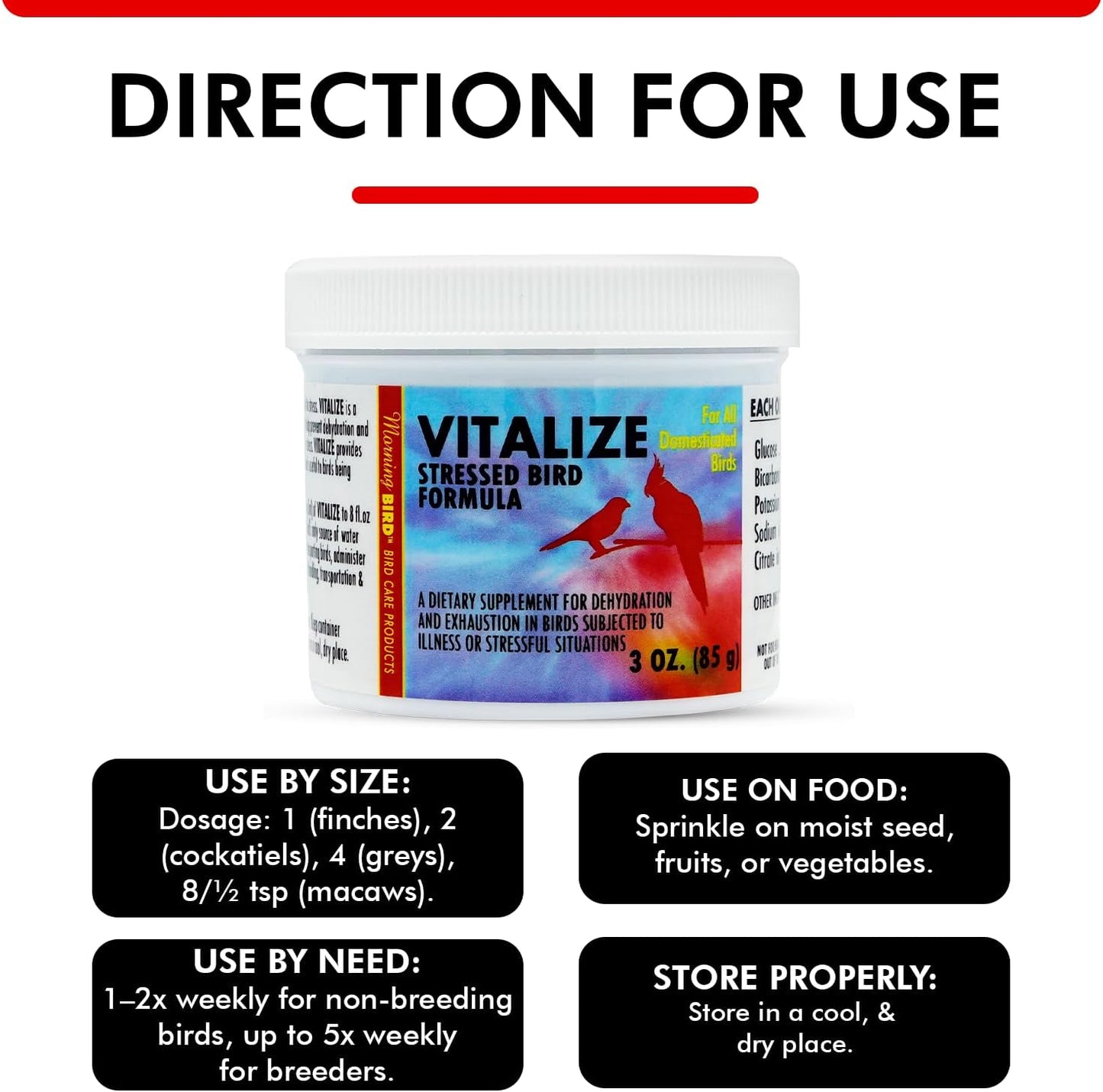 Morning Bird Vitalize, Supplement for Sick, Injured, or Stressed Caged Birds; Dehydration and Exhaustion Treatment for Parakeets, Cockatiels, Budgies, Finches, Canaries, and Parrots, 3 oz