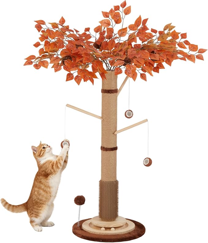46" Extra Tall Cat Scratching Post with Toy for Large and Adult Indoor Cats | Sisal Cat Scratcher Tree with 3D Leaves, Hanging Plush Ball, Stable Wooden Base with Ball Track Toys