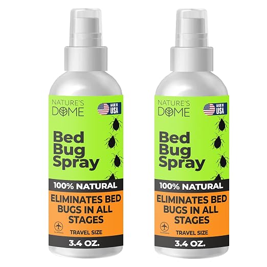 Nature's Dome TSA Approved Travel Bed Bug Spray (3.4 oz) Pack of 2 – Natural Bed Bug & Mite Killer, Destroys Eggs on Contact, Non-Staining for Hotel Mattresses & Luggage