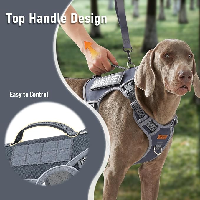 AUNZO Gray Tactical Dog Harness for Large Dog Breeds, No Pull Adjustable Pet Harness with Handle, Reflective K9 Military Service Dog Vest for Walking Hiking Training, Gray, XL