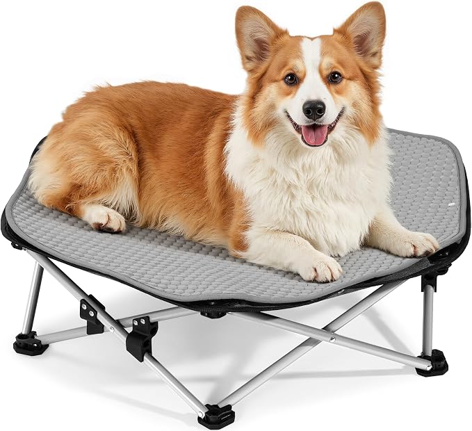 Pecute Raised Dog Bed with Cooling Mat, Elevated Pet Cot for Medium Dogs, L | Breathable Textilene Mesh, Outdoor Camping & Beach, Steel Frame,130 lbs Heavy Duty Support, Tool-free 3-second Quick Assembly