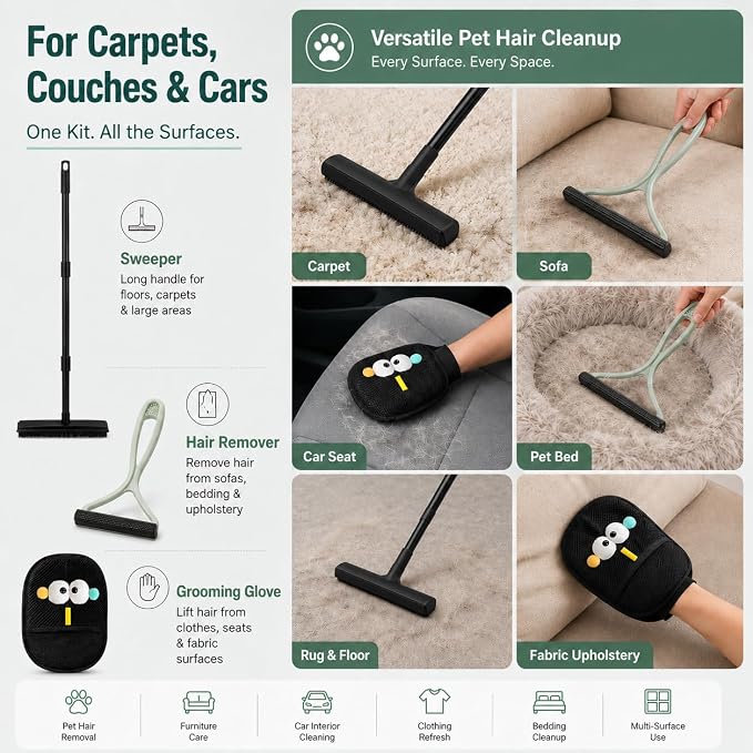 GOOGO Pet Hair Removal Kit with Carpet Rake, Black | black carpet rake and scraper kit, rake and scraper tool combination, for pet hair on carpet and fabric surfaces