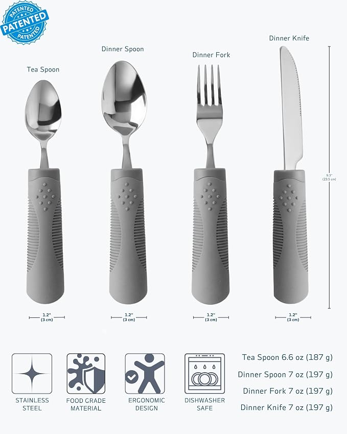 Adaptive Utensils (4-Piece Set) Weighted 7 Oz Each- Weighted Utensils for Hand Tremors and Parkinson's Patients - Weighted Silverware for Hand Tremors, Weighted Spoons