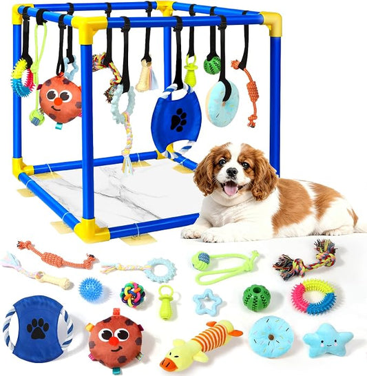 Puppy Play Gym with 16 Toys, Removable Dog Enrichment Playground, Interactive Indoor Training Activity Center for Small Dogs & Puppies, Teething & with Squeaky Toys, 12 Hanging Toys+4 Floor Toys