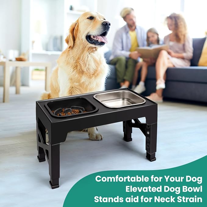 Elevated Dog Bowls, with Slow Feeder Bowl and Stainless Steel Dog Food Bowl, Raised Dog Bowls Adjusts to 5 Heights (3.15", 8.66", 9.84",11.02", 12.2") for Small Medium and Large Dogs