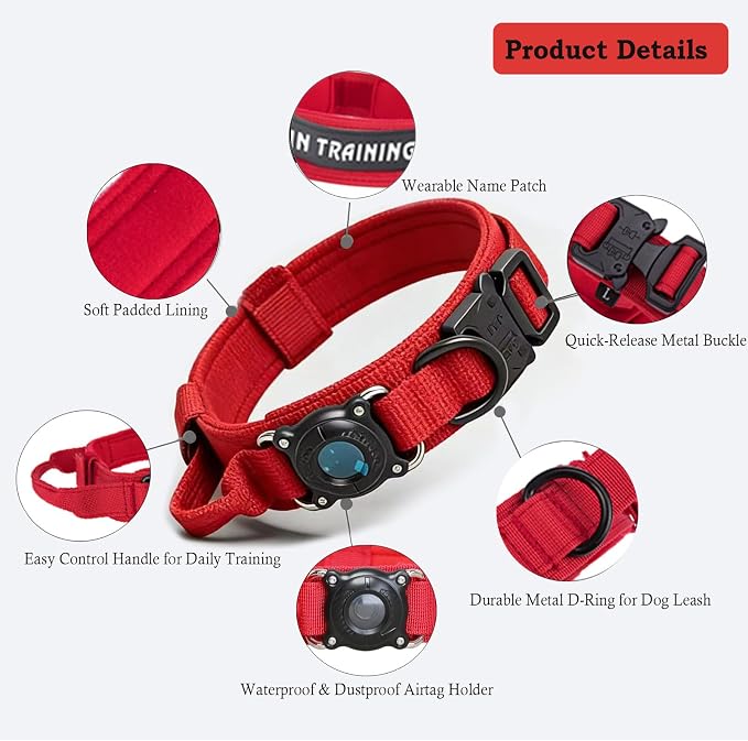 AirTag Dog Collar for Large Dogs Tactical Dog Collar with AirTag Holder | Upgrade Waterproof,Control Handle,Quick-Release Metal Buckle,1000D Nylon Fabric,Soft-Padded Webbing,Velcro Patch(RED,L)