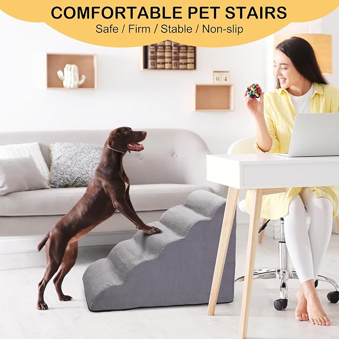 Dog Stairs for Bed and Couch, Non-Slip 5-Step Pet Stairs, 24" High Sofa Foam Dog Ramp - Best for Small Pets, Dogs and Cats with Joint Pain