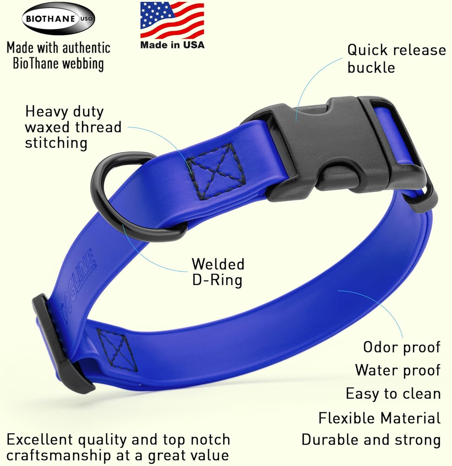 Dogline Biothane Waterproof Dog Collar with Quick Release Buckle Strong Coated Nylon Webbing with Odor- Proof for Easy Care Easy to Clean Fits Small Medium or Large Dogs, Royal Blue 1" W 15-23" L