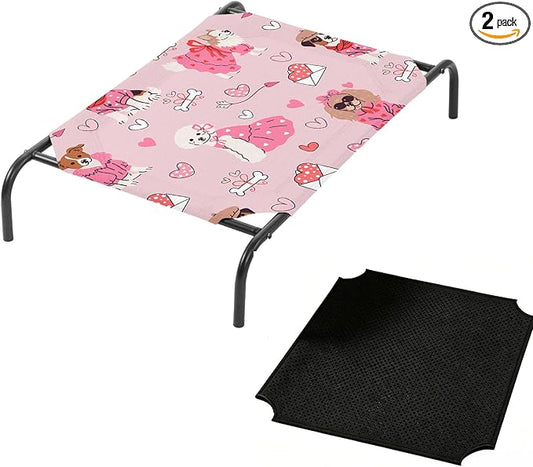 QOOMO Elevated Dog Bed with Cooling Fabric, Pet Cot for Small and Big Dogs, Indoor and Outdoor Use, Joint Relief, Cute Printed Cushion Included (Princess Dog, 35.43" L*25.59" W*8.27" Th)
