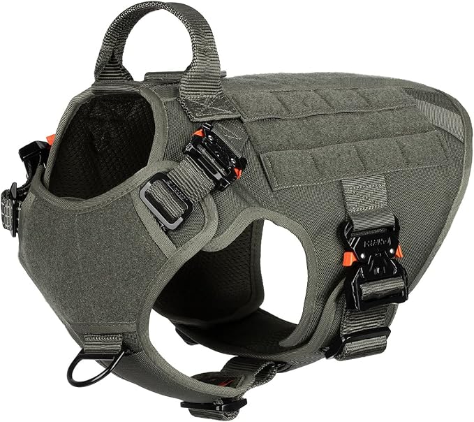 ICEFANG Tactical Dog Harness for Medium Dogs,Full Metal Buckles Dog Vest | with MOLLE, Reflective,Adjustable,2 Leash Clips,Control Handle,No Pull,Soft Padded,Green,Medium