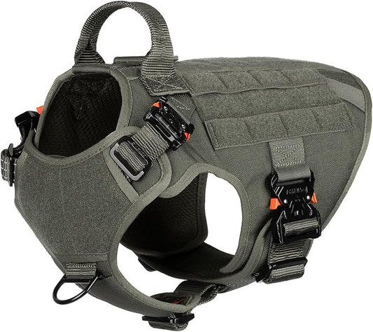 ICEFANG Tactical Dog Harness for Medium Dogs,Full Metal Buckles Dog Vest | with MOLLE, Reflective,Adjustable,2 Leash Clips,Control Handle,No Pull,Soft Padded,Green,Medium